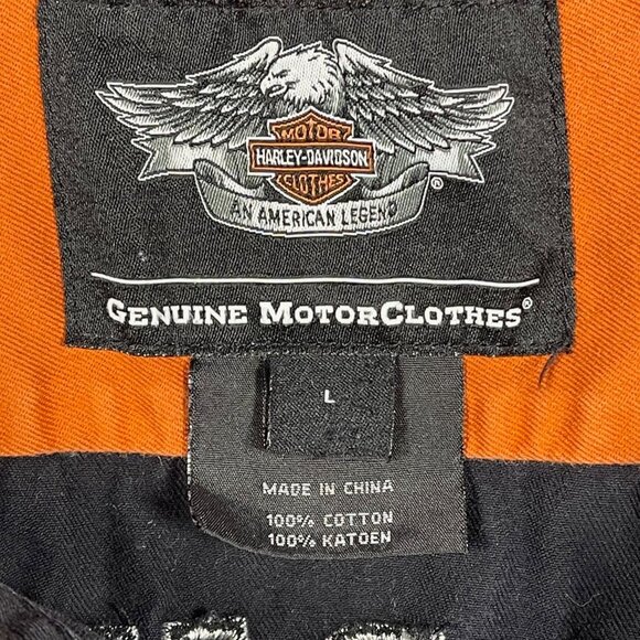 Harley-Davidson Sleeveless Button-Up Shirt Mens L Black Orange White Distressed - Picture 2 of 8